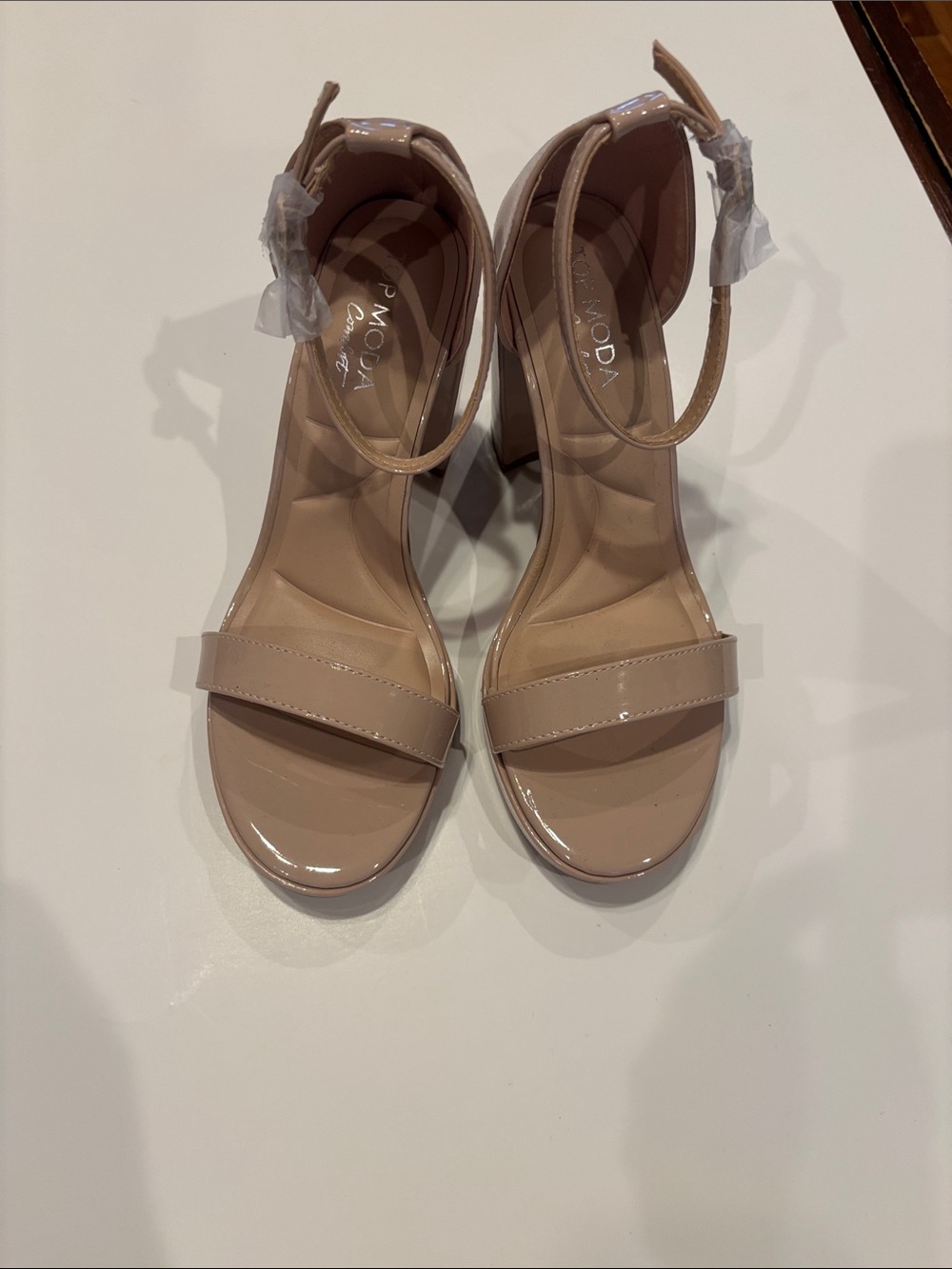 MODA Blush Patent Block Heel Sandals with Ankle Strap